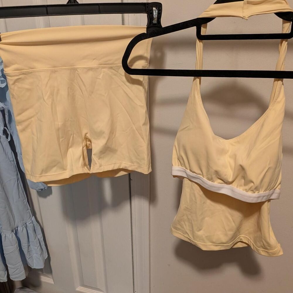 Yellow workout set with white trim, size S